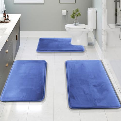 Clara Clark 3 Piece Bathroom Rugs Bath Mat Set, Velvet Memory Foam Bath Mats for Bathroom - Non-Slip, PVC Backing Bath Rugs, Washable - Dries Quickly, Blue - color: Calm Blue