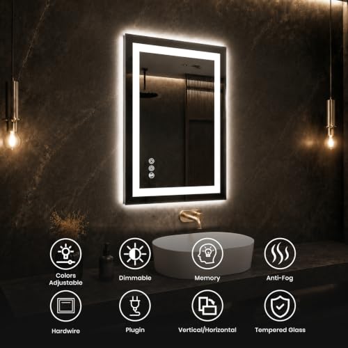 ROOMTEC 24"x32" LED Bathroom Mirror with Lights, Backlit+Frontlit | Anti-Fog, Dimmable, Memory Function, Bathroom Vanity Mirror for Wall, Shatterproof Tempered Glass (Horizontal/Vertical) - size: 24"L x 32"W