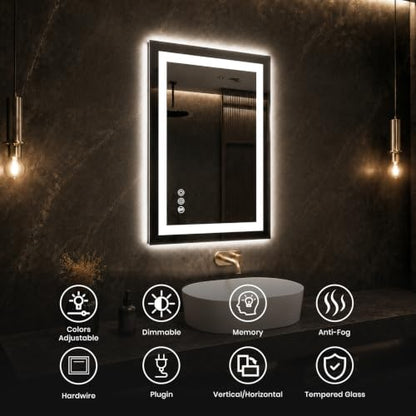 ROOMTEC 24"x32" LED Bathroom Mirror with Lights, Backlit+Frontlit | Anti-Fog, Dimmable, Memory Function, Bathroom Vanity Mirror for Wall, Shatterproof Tempered Glass (Horizontal/Vertical) - size: 24"L x 32"W
