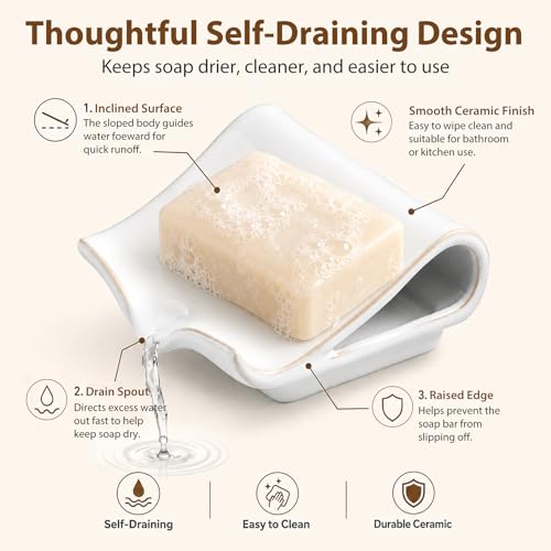 Zoeeker Soap Dish for Shower, Ceramic Self-Draining Bar Soap Holder | Soap Tray with Drainage Rectangular Bar Soap Saver Sponge Holder for Bathroom, Kitchen, Sink Organizer Tray Keep Dry, White - color: White