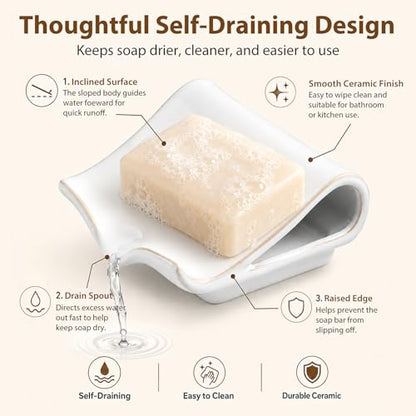 Zoeeker Soap Dish for Shower, Ceramic Self-Draining Bar Soap Holder | Soap Tray with Drainage Rectangular Bar Soap Saver Sponge Holder for Bathroom, Kitchen, Sink Organizer Tray Keep Dry, White - color: White
