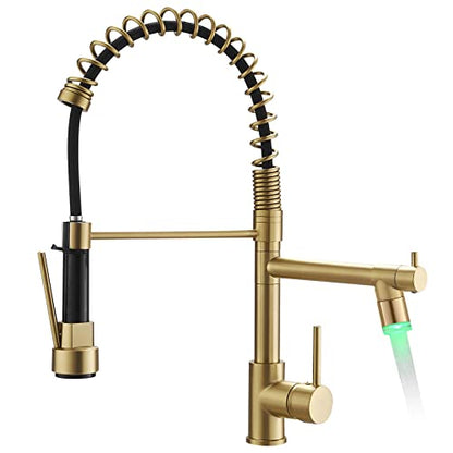Gold Kitchen Faucet with Sprayer AIMADI,Modern Single Handle Spring Gold Kitchen Sink Faucet - color: Brushed Gold, style: with LED Sprayer