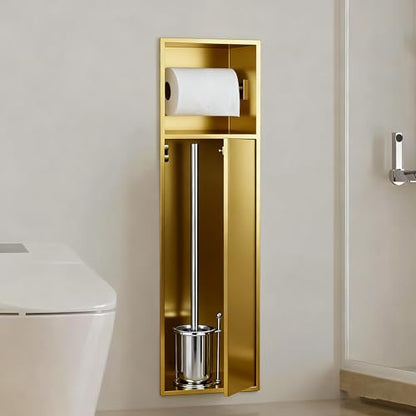 Recessed Toilet Paper Holder, in Wall 25" X 7" Toilet Paper Holder Storage, 304 Stainless Steel Tissue Roll Dispenser, Niche Shelf for Bathroom Space Saving Design, Gold