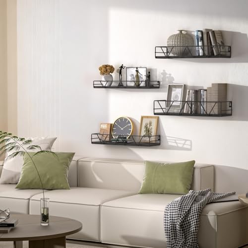 Floating Shelves Set of 4, Wood Wall Shelf, Farmhouse Shelf for Bedroom | Wall Mounted Floating Shelf for Living Room, Bedroom, Bathroom, Kitchen, Office - color: Black-4pcs