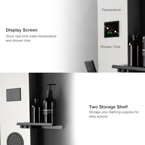 Homevacious 4 In 1 Shower Panel System with Shelf Brushed Nickel | LED Rain Shower Head Adjustable Massage Body Jets 3 Functions Handheld Head Tub Spout Stainless Steel - color: Brushed Nickel and Black, style: LED Shower Panel