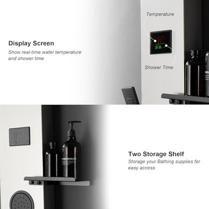 Homevacious 4 In 1 Shower Panel System with Shelf Brushed Nickel | LED Rain Shower Head Adjustable Massage Body Jets 3 Functions Handheld Head Tub Spout Stainless Steel - color: Brushed Nickel and Black, style: LED Shower Panel