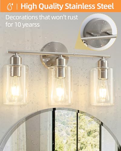 Brushed Nickel Vanity Lights - 3-Light Modern Bathroom Lighting Fixtures with Clear Glass Shade - Wall Sconce for Hallway - 2Pack - color: Brushed Nickel, size: 3 Light - 2 pack