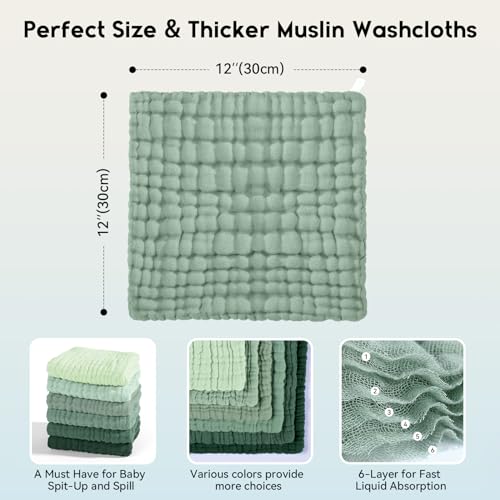 Unnivoll Muslin Burp Cloths Baby 12''X12'', Baby Washcloths 6 Pack, 100% Cotton Baby Wash Cloths Absorbent and Soft for Newborn Infants Kids Boys Girls - Gradient Green - color: Gradient Green