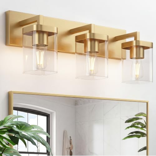 Bathroom Lighting Fixtures Over Mirror, Square Design & Rectangle Large Backplate, 3 Lights Modern Vanity Lighting Fixtures, Bathroom Light Fixtures for Bathroom/Living Room/Bedroom, Gold - color: Brass, size: 3 Light
