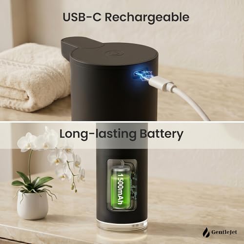 GentleJet EasyFoam Automatic Foaming Soap Dispenser, Touchless USB-C Rechargeable Sensor Pump, 304 Stainless Steel, Adjustable Foam, IPX5 Water-Resistant for Bathroom & Kitchen, 10 fl oz / 300 mL - color: Black