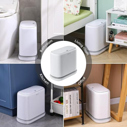 funest 3.3 Gallon Bathroom Trash Can with Push Lid, Dog Proof, White | Double-Layer Design, Air-Suction Bag System, Narrow Plastic Garbage Can with Extra Buckle Replacement