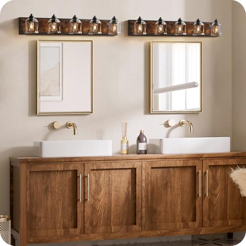 5-Light Bathroom Fixture, 39.8" Large Farmhouse Vanity Light, E26 Base (Bulbs Not Included), Thickened Glass Shade, for Bathroom, Bedroom, Vanity, Hallway, Rustic Brown and Black F21BD05 - size: 5-Light