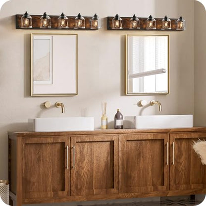 5-Light Bathroom Fixture, 39.8" Large Farmhouse Vanity Light, E26 Base (Bulbs Not Included), Thickened Glass Shade, for Bathroom, Bedroom, Vanity, Hallway, Rustic Brown and Black F21BD05 - size: 5-Light