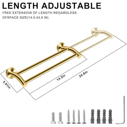 MGahyi Gold Telescopic Double Towel Bar Wall Mount 14.5-24.8Inch | Rustproof Towel Rack with Widened Spacing, Scratch-resistant & Durable for Bathroom Kitchen RV - color: Gold