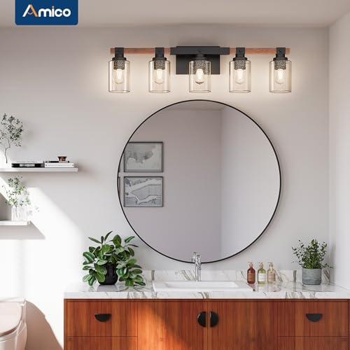 Amico 5-Light Farmhouse Bathroom Vanity Light, Seeded Glass, Black & Wood | Bubble Glass Shade Wall Sconce, Over Mirror Lighting for Bathroom, Bedroom, Living Room, Hallway, Powder Room, Entryway - size: 5-Light