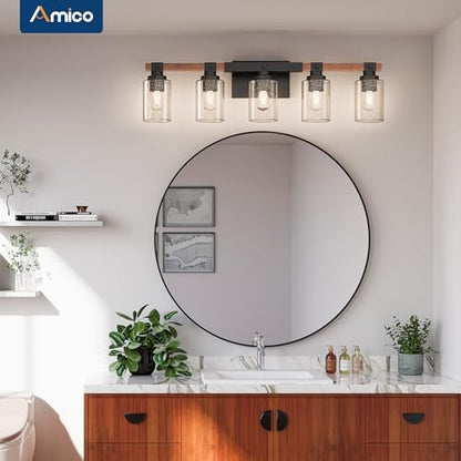Amico 5-Light Farmhouse Bathroom Vanity Light, Seeded Glass, Black & Wood | Bubble Glass Shade Wall Sconce, Over Mirror Lighting for Bathroom, Bedroom, Living Room, Hallway, Powder Room, Entryway - size: 5-Light