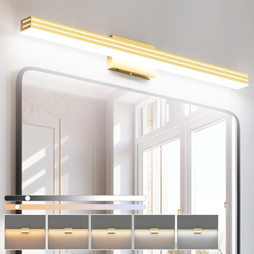 Ralbay 40inch Gold Vanity Light with 5 Color Temperature (2700K-6000K) Dimmable Acrylic Metal 36W LED Modern Matte Gold Bathroom Lighting Over Mirror - color: Gold, size: 40 inch