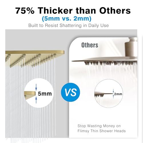 Solid Metal Rain Shower Head, Square High Flow Rainfall Shower Head with Shower Arm and Flange, Reinforced Explosion-Proof Stainless Steel Construction (10-Inch, Brushed Gold) - color: Brushed Gold, size: 10 Inch