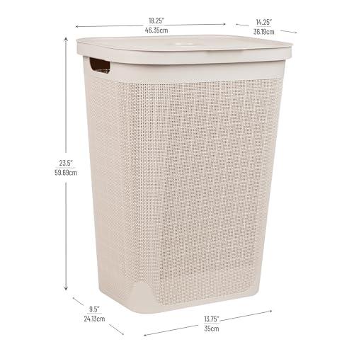 Mind Reader 60L Slim Laundry Hamper, Clothes Basket, Lid, Linen Design, Plastic, Ivory - color: Ivory