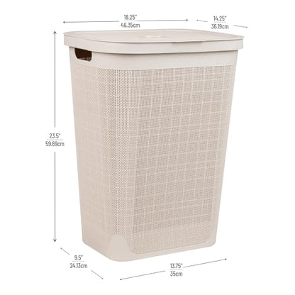 Mind Reader 60L Slim Laundry Hamper, Clothes Basket, Lid, Linen Design, Plastic, Ivory - color: Ivory