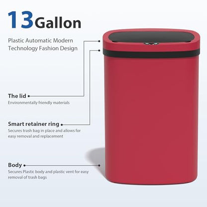 13 Gallon/50 L Kitchen Trash Can with Lid, Garbage Can with Touch-Free Lid, Cute Automatic Trash Can Bathroom Trash Bin, Motion Sensor Waterproof Trash Bin - color: Red, size: 1 Trash Can