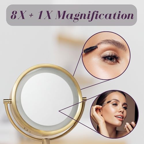 JERDON Hardwired Wall-Mount Makeup Mirror - 8X/1X - Gold - HL75BGD | 8.5" Diameter, 13.5" Wall Arm, LED Lighting, Direct Wire Installation - color: Gold Direct Wire