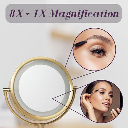 JERDON Hardwired Wall-Mount Makeup Mirror - 8X/1X - Gold - HL75BGD | 8.5" Diameter, 13.5" Wall Arm, LED Lighting, Direct Wire Installation - color: Gold Direct Wire
