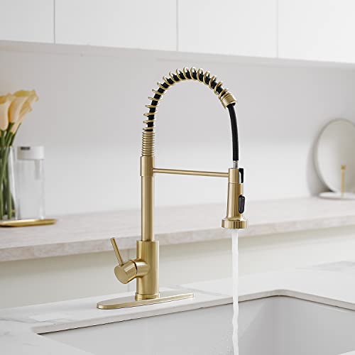VOTON Kitchen Faucets with Pull Out Sprayer Commercial Spring Sink Faucet Stainless Steel Brushed Gold Pull Down Single Handle Farmhouse faucets with Deck Plate for Camper Laundry Utility Rv Wet Bar - color: Brushed Gold