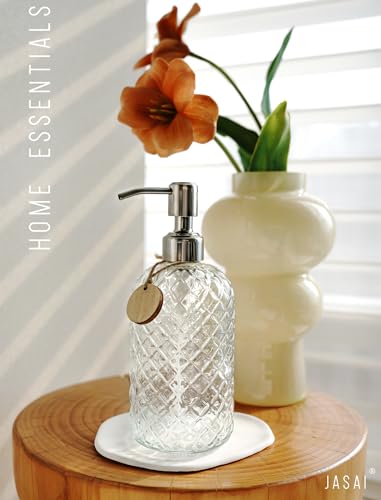 JASAI 18Oz Gem Patterned Clear Glass Soap Dispenser with Rust Proof Pump | Refillable Hand soap Dispenser for Kitchen, Premium Bathroom Soap Dispenser for Dish Soap, Hand soap, Lotion(Clear) - color: Clear