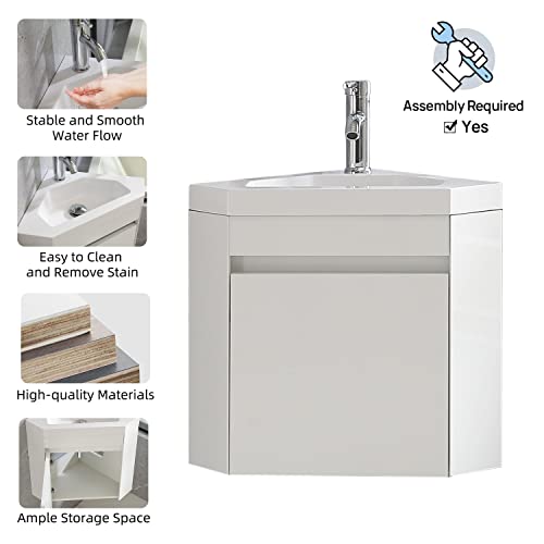 22" Corner Bathroom Vanity Sink Combo – Wall-Mounted White Resin Basin Cabinet Set with Chrome Faucet & Drain (white, 22 inch) - color: White
