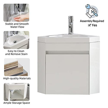 22" Corner Bathroom Vanity Sink Combo – Wall-Mounted White Resin Basin Cabinet Set with Chrome Faucet & Drain (white, 22 inch) - color: White