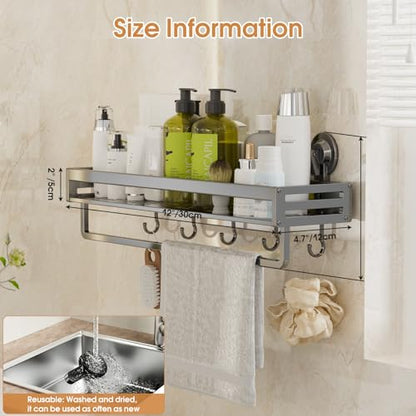 Suction Cup Shower Caddy with 5 Hooks & Towel Rrack 11.8inch Grey | No Drilling Shower Organizer with Large Capacity, Rust-resistant Bathroom Organizer, Heavy Duty Shower shelves for Bathroom - size: 11.8 inches