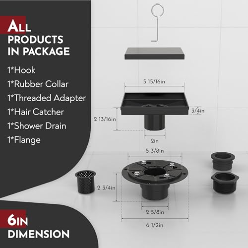 6 Inch Square Shower Drain Black Floor Drain with Flange Reversible 2-in-1 Cover Tile Insert Grate Removable SUS304 Stainless Steel CUPC Certified Matte Black - color: Matte Black, size: 6 Inch