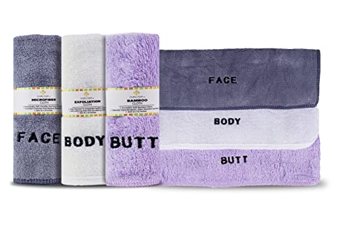Crafty Cloth 6-Piece Washcloth Set – Face, Body, Butt Cloths | 3 Distinct Textures | Ultra-Soft, Rigid Exfoliation, and Hygiene Cloths for Sensitive Areas (Gray,White,Purple, Embroidered 6-Piece Set) - color: Gray,white,purple