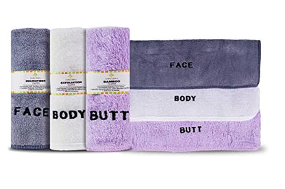 Crafty Cloth 6-Piece Washcloth Set – Face, Body, Butt Cloths | 3 Distinct Textures | Ultra-Soft, Rigid Exfoliation, and Hygiene Cloths for Sensitive Areas (Gray,White,Purple, Embroidered 6-Piece Set) - color: Gray,white,purple
