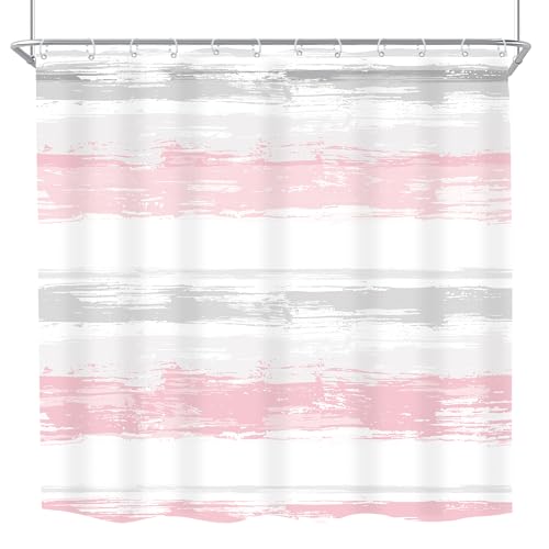 Abstract Gray Pink Women Modern Striped Neutral Bathroom Shower Curtain Set | 72Wx72H Geometric Watercolor design, waterproof HD print with fast-drying fabric and 12 hooks. - color: A3-pink Grey, size: 72"W x 72"L (Pack of 1)