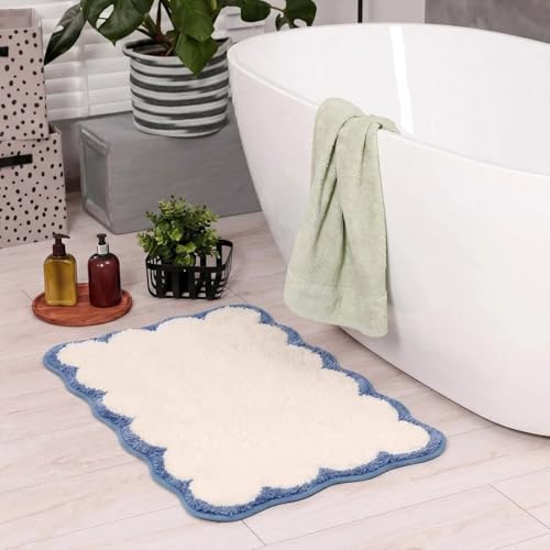 Light Blue Scalloped Bathroom Rugs Large Bath Mat | Coastal Non Slip Washable Quick Dry Absorbent Boho Microfiber Large Bathmat,20*32 Inch - color: Blue&white, size: 20*32"