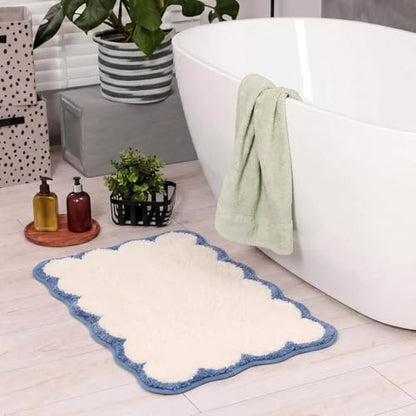 Light Blue Scalloped Bathroom Rugs Large Bath Mat | Coastal Non Slip Washable Quick Dry Absorbent Boho Microfiber Large Bathmat,20*32 Inch - color: Blue&white, size: 20*32"