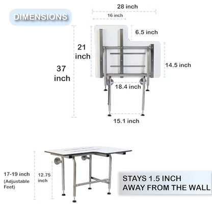 Folding Shower Seat with Legs - Wall Mount Bench for Inside Shower / Bathroom Safety Assist / 304 Stainless Steel / Phenolic Resin / Left / 28" x 21" - size: 28" x 21" Left Hand