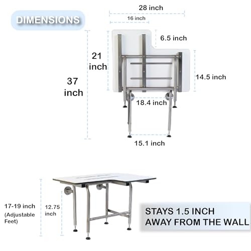 Resin Shower Seat with Legs, ADA Heavy Duty Shower Chair for Elderly & Disabled - 304 Stainless Steel - Folding, Wall Mounted - 28'x21' Right Hand - 600lbs Max Weight - size: 28" x 21" Right Hand