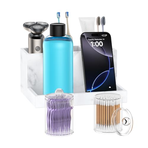 Toothbrush Holder for Bathroom with 2PCS Qtip Holder Dispenser, 3 Slot Bathroom Accessories Holder Floss Cotton Swab Holder Bathroom Vanity Tray for Perfume Comestic Organizer Counter Storage, White - color: Gravel White, size: 3 Slots