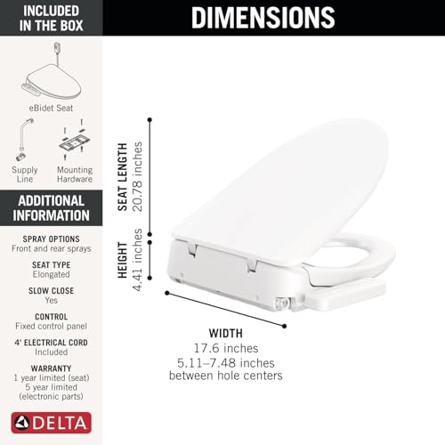 Delta Faucet Refresh Standard Elongated Electric Bidet Toilet Seat, Warm Water Bidet, Bidet Attachment for Toilet, Toilet Seat Bidet, Bidet Toilet Seat Elongated, White 893005E-WH