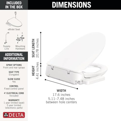 Delta Faucet Refresh Standard Elongated Electric Bidet Toilet Seat, Warm Water Bidet, Bidet Attachment for Toilet, Toilet Seat Bidet, Bidet Toilet Seat Elongated, White 893005E-WH