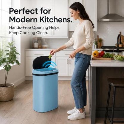 13-Gallon Touchless Plastic Trash Can, Blue | Motion sensor lid provides hands-free waste disposal in kitchens, offices, bedrooms, or living spaces. - color: Blue