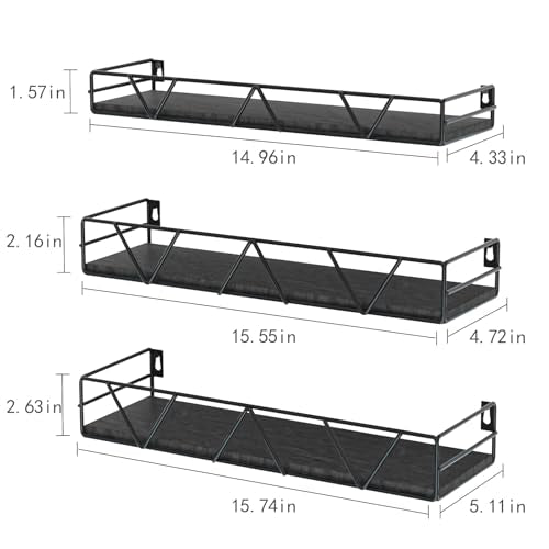 Floating Shelves Set of 3, Wood Wall Shelf, Farmhouse Shelf for Bedroom | Wall Mounted Floating Shelf for Living Room, Bedroom, Bathroom, Kitchen, Office - color: Black 2