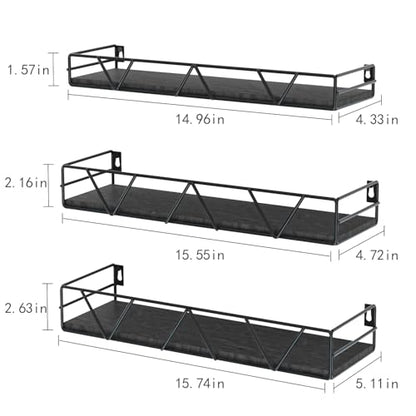 Floating Shelves Set of 3, Wood Wall Shelf, Farmhouse Shelf for Bedroom | Wall Mounted Floating Shelf for Living Room, Bedroom, Bathroom, Kitchen, Office - color: Black 2