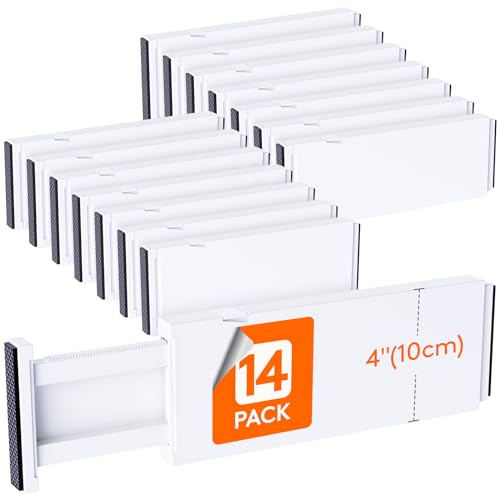 Lifewit 14 Pack Drawer Dividers for Clothes, 10.9-16" Adjustable Drawer Organizers, 4" High Plastic Expandable Drawer Separators in Bedroom/Office/Bathroom/Kitchen Storage, White | 14 Pack 11-17" Expandable White Plastic Drawer Separator for Dresser, Kitc