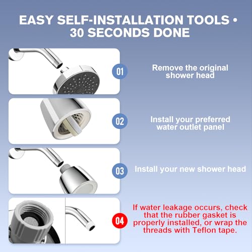 High Pressure Fixed Showerhead with Patented Dual-Sided Flip Reverse Flush, Flip Faceplate to Clear Clogs or Switch Modes, Anti-Leak, Adjustable Swivel Joint, 4 Modes Total, Chrome