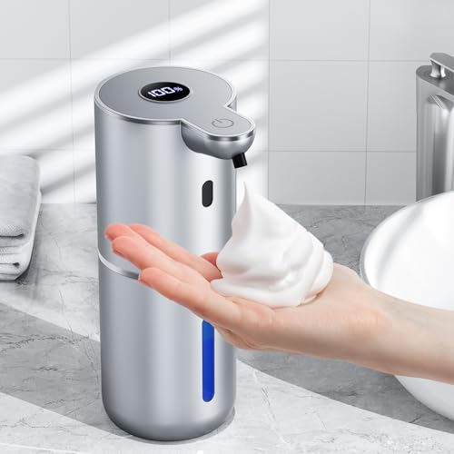 Automatic Foaming Soap Dispenser Touchless, Rechargeable Electric Hand ＆ Dish Soap Dispenser for Bathroom and Kitchen - Smart Digital Display, 6 Adjustable Level, 380ml, Wall Mounted, IPX5 - color: Silver, style: Foam