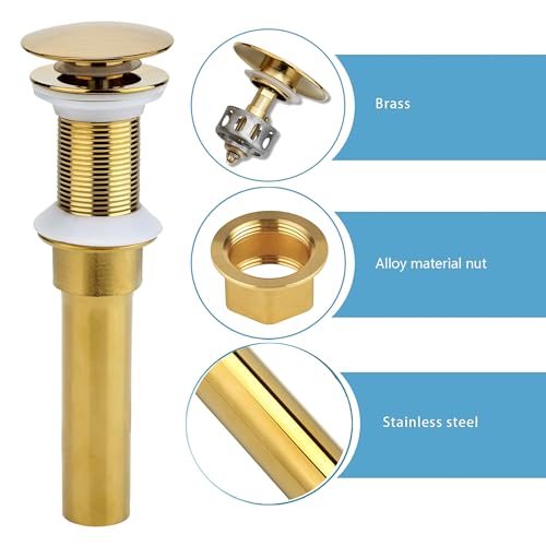 Rockgoya Bathroom Sink Drain, 2 Pack Gold Drain Stopper Bathroom Sink Without Overflow, Pop Up Drain Assembly with Detachable Strainer Basket, Built-in Anti-Clogging Strainer,Stainless Steel - color: Gold-2 Pack, style: Without Overflow